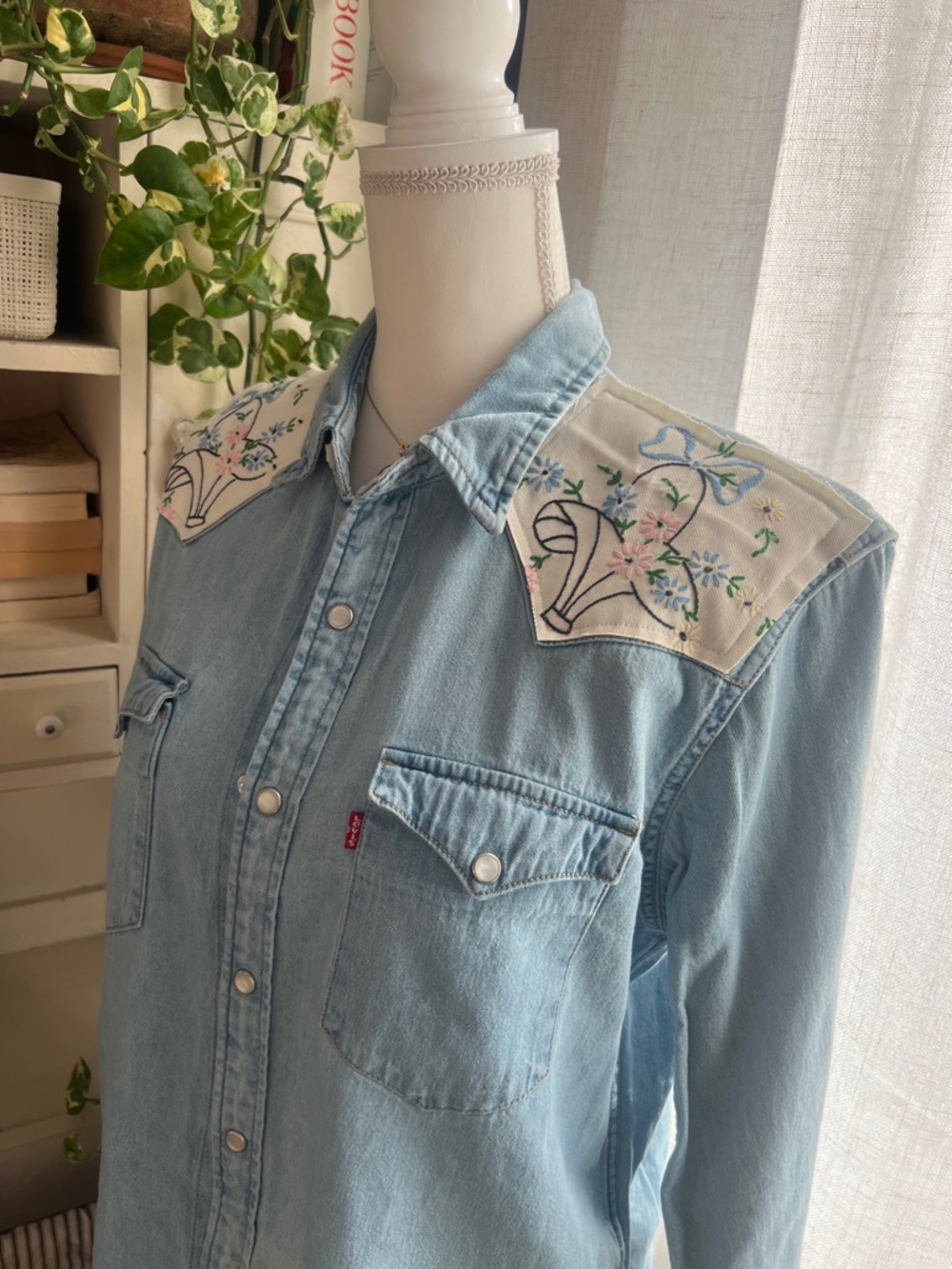 Levi denim button down shirt Upcycled antique embroidery cross stitch detail MED - Picture 2 of 8